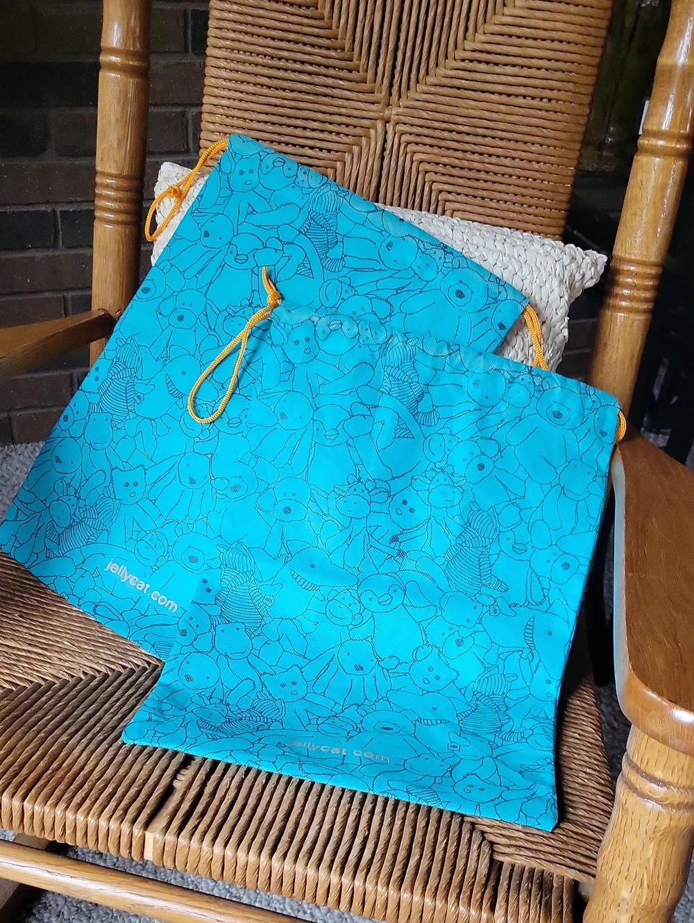 Jellycat Turquoise Drawstring Toy Bags with Orange Cords
